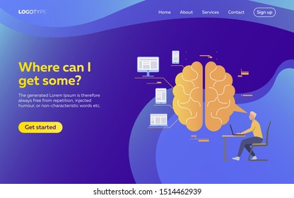 Man working at laptop webpage. Brain, devices, productivity. Efficiency concept. Vector illustration can be used for topics like business, work, time management