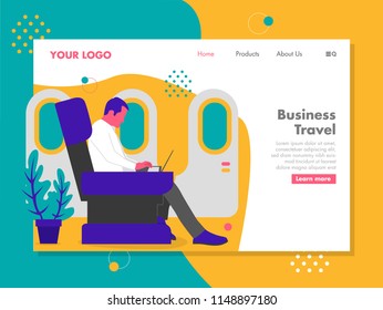 man working at the laptop while vacation on a plane vector illustration for landing page