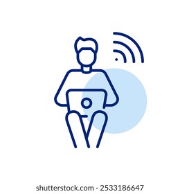 Homem trabalhando no laptop e símbolo de wi-fi. Nômade digital, trabalhador freelance remoto. Ícone de vetor perfeito de pixel