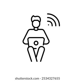 Homem trabalhando no laptop e símbolo de wi-fi. Nômade digital, trabalhador freelance remoto. Pixel perfeito, ícone de traçado editável