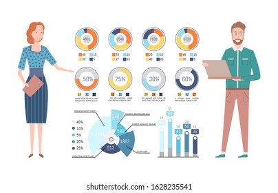 Man working with laptop, woman presenting diagrams with percent report, set of chart and graph, columns statistic report and counting, presentation vector