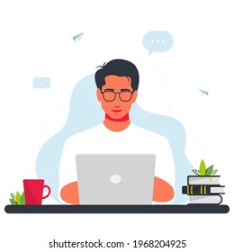 man working at laptop. Work at home concept design. Freelance man working on laptop. smiling man is sitting with laptop.Around the Internet, email, message icons. Freelancer programmer with a laptop.