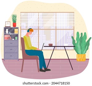 Man working with laptop at workplace. Remote work, programming, online freelancing. Male programer sits with digital technology, performs tasks in office. Company employee, computer technician