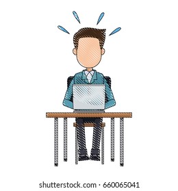 man working at a laptop and worries over the work vector illustration
