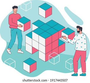 Man working with large amounts of data, cubes. Flat design illustration. Vector