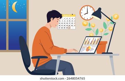 Hombre trabajando tarde con gráfico y calendario  
