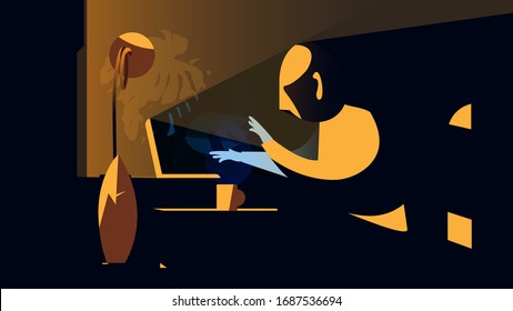 Man working late night from home on his laptop. The dark room is illuminated by a table lamp and by street lights outside. Smart working and Telework concept. Editable EPS Vector Illustration