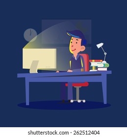 man working late night. workload concept - vector illustration