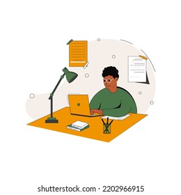 Man working or learning at home at the table. Freelance, work at home, online job, home office, e-learning concept. Vector illustration for poster, banner, website.