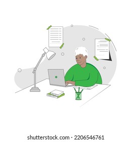 Man working or learning at home at the table. Freelance, work at home, online job, home office, e-learning concept. Vector illustration for poster, banner, website.