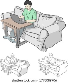 man working or learning on laptop on grey sofa at the living room in quarantine for Coronavirus or Covid-19 vector illustration sketch doodle hand drawn with black lines isolated on white background