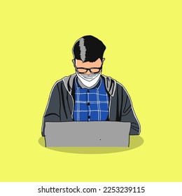 Man Working looking at Laptop Illustration