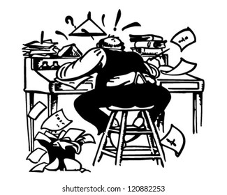 Man Working Madly At Desk - Retro Clipart Illustration