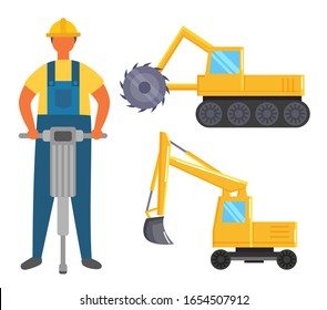 Man working near vehicles that used in mining industry. Miner bore earth at work in quarry. Excavator and bulldozer, yellow industrial machines. People drill ground to get ore. Vector illustration