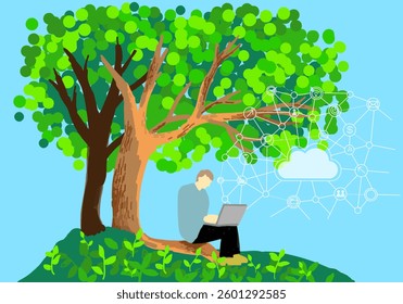 A man working with network on a PC in nature flat vector illustration