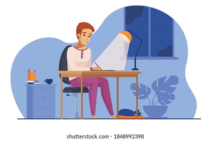 man working at night in home office isolated flat vector illustration. Cartoon male student learning via computer or designer late at work. Workplace and sleepless concept