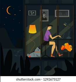 man working at night at home, view from the street through the window, vector illustration