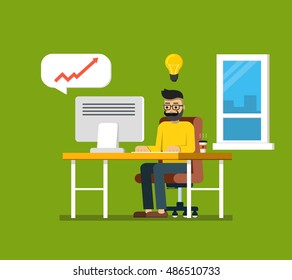 Man working in office behind his desk with desktop computer and coffee. Workspace consept. Flat vector illustration.