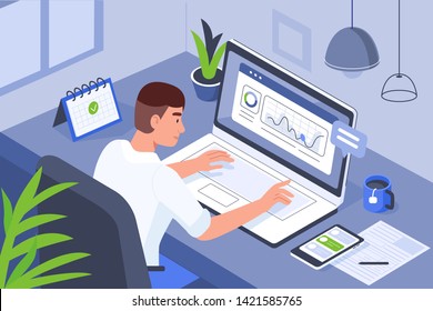 Man working in office. Can use for backgrounds, infographics, hero images. Flat isometric modern vector illustration.