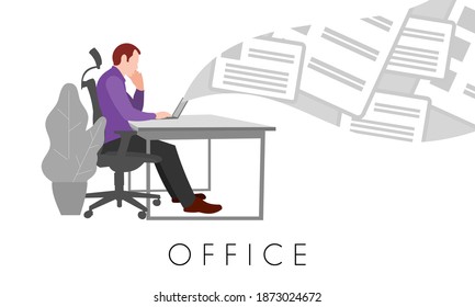 Man working at office, Character Sitting at Desk in office, looking at computer screen, isolated on white background, Flat Isometric Vector Illustration.