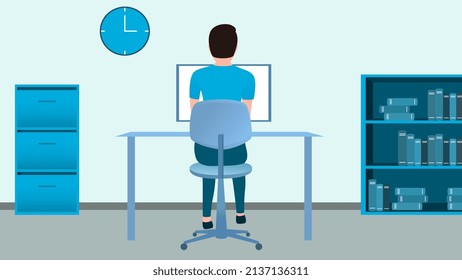 Mann, der am Bürocomputer arbeitet, von hinten, von zu Hause aus und von der flexiblen Arbeitsstunde, Vektorgrafik.