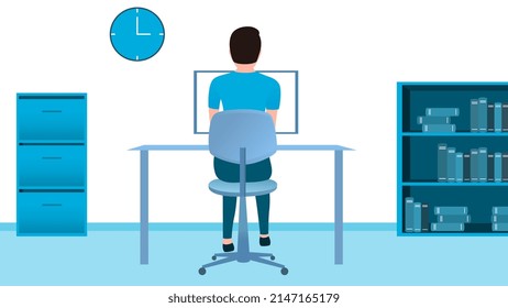 hombre que trabaja en un escritorio de computadora de oficina desde la vista posterior, trabajo desde casa e ilustración vectorial de la hora de trabajo flexible.