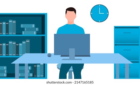 man working at office computer desk from front view, work from home and flexible work hour character vector illustration.