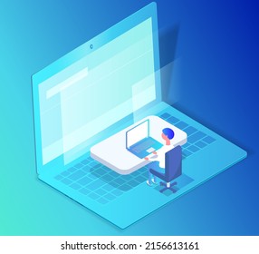 Hombre trabajando en la oficina con computadora en el lugar de trabajo. Empleado o empresario sentado en el escritorio, mirando la laptop, escribiendo notas, haciendo tareas. Administración de tiempo efectiva, área de trabajo, flujo de trabajo