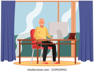 Man working at office with computer at workplace. Employee manager or businessman sitting at desk, looking at laptop, writing notes, doing tasks. Effective time management, workspace, workflow