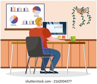 Man working at office with computer at workplace. Employee manager or businessman sitting at desk, looking at laptop, writing notes, doing tasks. Effective time management, workspace, workflow