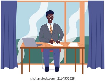 Man working at office with computer at workplace. Employee manager or businessman sitting at desk, looking at laptop, writing notes, doing tasks. Effective time management, workspace, workflow