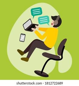 Un hombre trabajando en la ilustración conceptual de la oficina. Hombre con silla, portátil, vector de teléfono