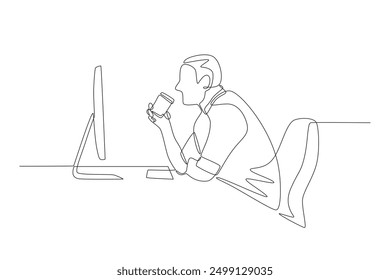 Man working in office drinking coffee. Office concept one-line drawing