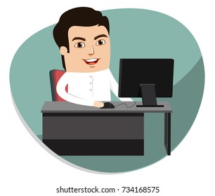Man working in Office as an Employee or Manager, in a Professional Workplace. Boy sitting on a Office Desk and Chair, working on Computer.