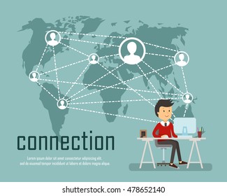 el hombre que trabaja en la oficina.El concepto de redes y medios sociales. Antecedentes comerciales, comunicación global, conexión entre personas