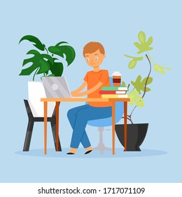 Man working office place vector illustration. Guy character sitting at desk, complete task on laptop. Books stack and coffee paper cup, plant in pot. Flat remote worker workplace.