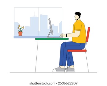 A man working in the office side view, vector illustration of modern urban life.