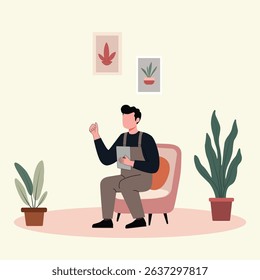 A man is working at office space wiht gadget on calm color background