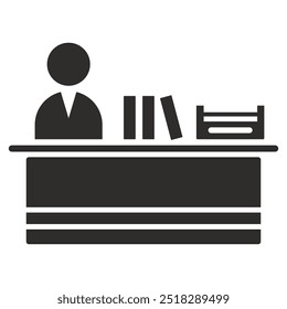 Mann im Büro, Tisch und Bücher Symbol, flache Vektorgrafik auf weißem Hintergrund