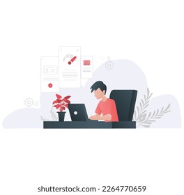 man working in office in table with laptop illustration ui