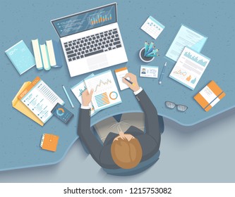 Man working in office at the table. Workplace Desktop Workspace Armchair, business office supplies, laptop, calendar, notepad, folder, report,  books. Charts, graphics on the screen,  documents Vector