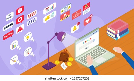 Man working in the office. Three-quarters, isometric. Desktop, computer, securities.