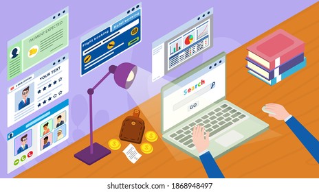 Man working in the office. Three-quarters, isometric. Desktop, computer, securities.
