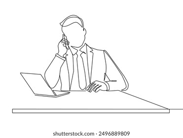 Hombre que trabaja en el dibujo de moda del arte de la línea de la oficina. Líneas negras minimalistas del hombre de negocios que dibujan en el fondo blanco. Dibujo Abstractas continuo de una línea. Personas Diseño moderno. Vector EPS 10