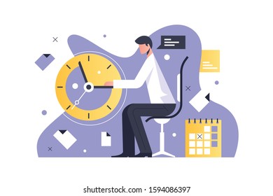 Man working in office vector illustration. Businessman sitting in workplace and working full hours flat style. Time management and organization of process concept