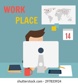 Man working at office. Vector illustration