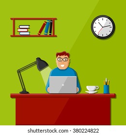 Man working in the office. Vector illustration.