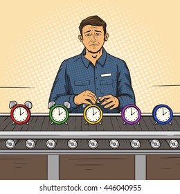 Man working on the assembly line pop art style vector illustration. Comic book style imitation