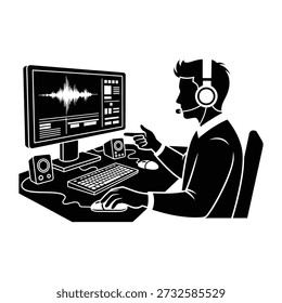 Man working on audio editing software on computer, wearing headset, pointing at screen, black and white illustration