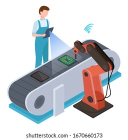 Man working on automated production with smart mechanisms. Robotic machine doing microchips and tablets. Operator control products on conveyor. Vector illustration of modern factory in flat style